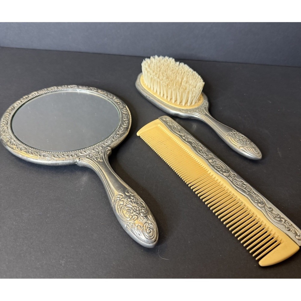 Vintage Vanity Set of 3 Repousse Floral Silver Tone Mirror, Brush & Comb EUC